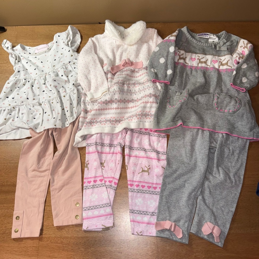 Lot of 3 Toddler Girls Outfits 2T Savannah Heart Pink Grey Reindeer Holiday Set